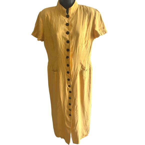 Vintage 90s Minimalist Silk Midi Dress Mustard Yellow Mandarin Collar Button 10 - Picture 2 of 7